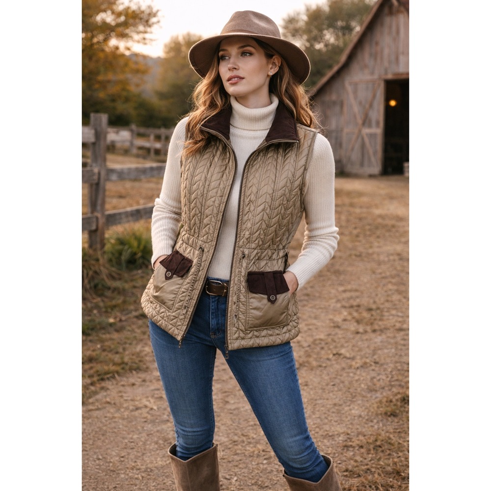 Casual Identity Taupe Quilted Vest Faux Leather Trim Zip Gorpcore Sz‎ L